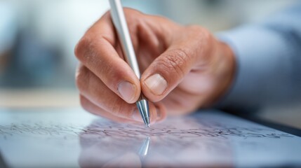 Close up of hand writing on digital tablet