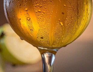 Close-Up of Cold Cider Glass with Condensation Dripping Down