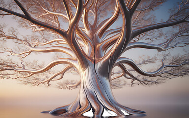 Metallic tree with glowing branches and roots isolated on a transparent background