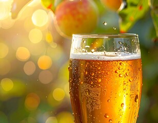 Close-Up of Cold Cider Glass with Condensation Dripping Down