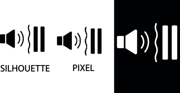 Minimalist and pixel black and white icon depicting soundproofing or noise reduction technology