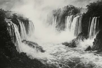 Dramatic Image Black and White Waterfall Illustration with Misty Atmosphere