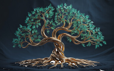 Golden Tree with Emerald Green Leaves isolated on a transparent background