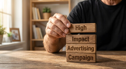 Professional businesswoman arranging wooden blocks with keywords high impact advertising campaign in modern office