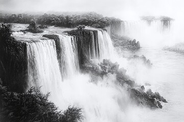 Dramatic Waterfall Scene with Rocky Outcrops Sketch Image