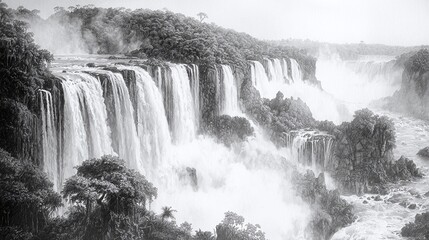 Extensive waterfall system with lush green jungle and misty atmosphere Image