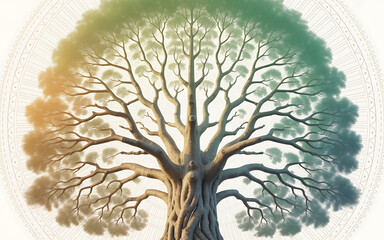 Large ancient tree with vibrant green and yellow canopy isolated on a transparent background