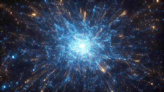 A vibrant cosmic explosion featuring blue and golden particles radiating outward in space, conveying themes of energy, technology, and the universe.