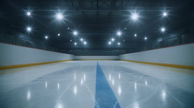 Ice hockey rink with blue center line, bright overhead lights, and textured ice surface. Ideal for sports, recreation, and winter activities concepts.