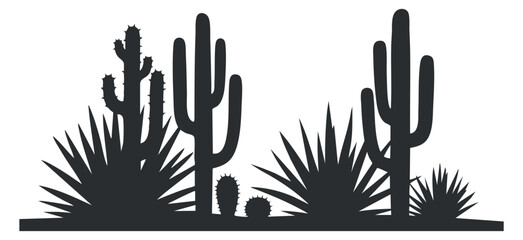 Obraz premium A collection of various cacti and desert plants in a black silhouette vector style, perfect for nature-themed designs