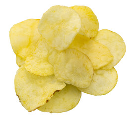 Pile crispy crunchy potato snack chips natural flavour isolated clipping path on white background. 