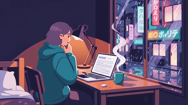 Lofi Study Scene Working on Laptop Rainy Night City View