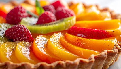 Delicious Fruit Tart: A delightful fruit tart, beautifully arranged with an assortment of vibrant, fresh fruits, offers a tempting treat.