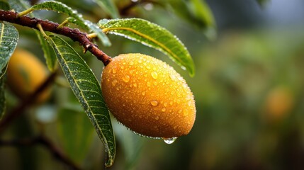 Ripe yellow fruit on branch with water droplets