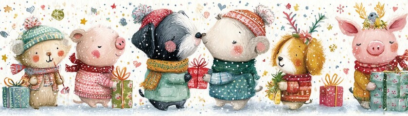 Cute animals sharing gifts in winter attire.