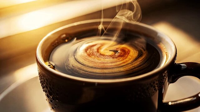 黒いカップに注がれた淹れたてのブラックコーヒーと立ち上がる湯気、朝の光、シズル感