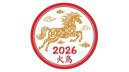 Chinese Zodiac Horse 2026 Year of Fire Bird Symbol Gold Red Circle Logo Design Element