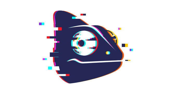 Abstract glitch art style vector chameleon head logo illustration on white backdrop