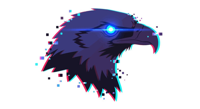 Digital raven illustration with glitch effect and glowing eye capturing modern art