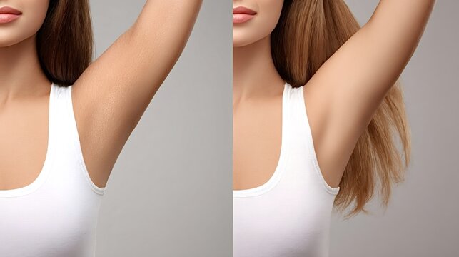 Woman showing underarm before and after epilation, smooth hair free skin vs stubbled armpit in close up studio comparison highlighting beauty, grooming and personal care results
