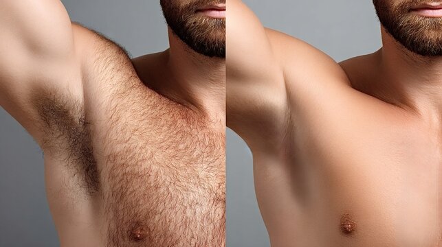 Man showing half hairy and half smooth upper body to illustrate manscaping and hair removal contrast for chest or armpit grooming, before and after cosmetic treatment concept