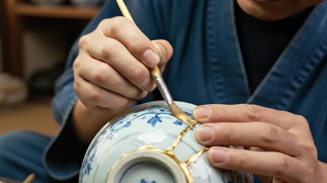 Artisan applies Kintsugi gold lacquer to repair broken pottery in workshop.