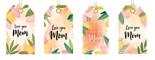 Set of floral gift tags with handwritten &ldquo;Love You Mom&rdquo; lettering, soft pastel botanical design for Mother&rsquo;s Day gifts, cards and heartfelt celebrations