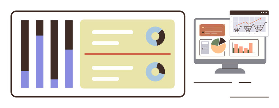 Bar charts, pie graphs, and analytics panels displayed side by side, highlighting trends and insights. Ideal for data analysis, business planning, performance tracking, research, reporting