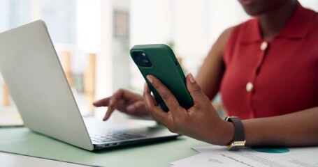 Hands, phone and businesswoman typing on laptop for record keeping, finance app or auditing. Accountant, employee and tech in office for financial reporting, budget review or MFA code to track income - Powered by Adobe