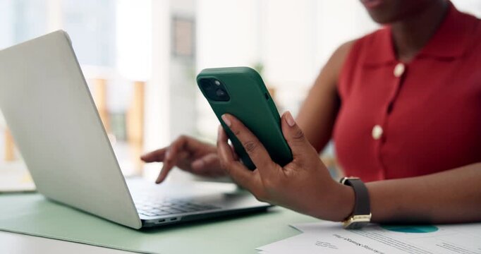 Hands, phone and businesswoman typing on laptop for record keeping, finance app or auditing. Accountant, employee and tech in office for financial reporting, budget review or MFA code to track income