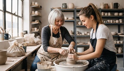 Senior Woman Teaching Young Woman Pottery on Wheel in Studio