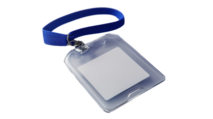 Clear plastic ID badge holder with a blue lanyard on a black background