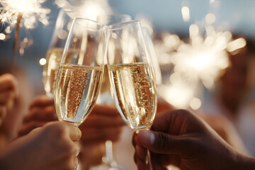 People cheering with champagne glasses during a celebration or special event with sparkling lights, conceptual for New Year Eve and holiday season.