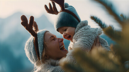 Happy woman and baby with deer antler headbands enjoying moment. Mother and child on cold winter day for family holiday card design.