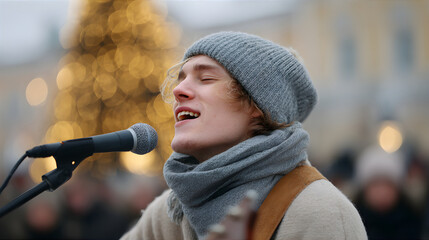 Young man busker singing into microphone with closed eyes. Street musician performing for holiday season. Christmas entertainment concept.