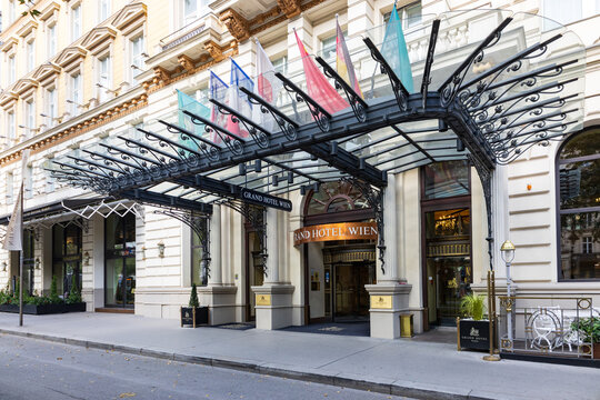 Vienna, Austria, October 17, 2025 - Facade of the luxury 1870 Grand Hotel Wien at 9 K&auml;rntner Ring 