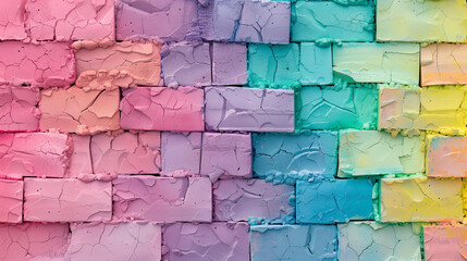 Brick wall background in vibrant, multicolored tones, creating a bold and artistic textured backdrop.