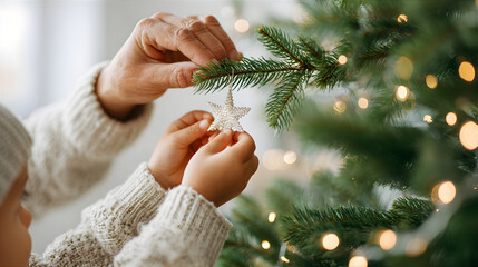 Woman and child hands hanging a star ornament on Christmas tree. Holiday tradition with family. Celebrating Christmas and New Year together.