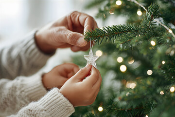 Adult hand and child hand decorating Christmas tree with star ornament, a cozy holiday family tradition for New Year and seasonal celebration.