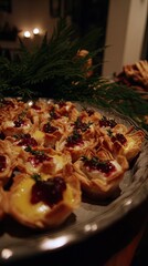 a festive plate of mini catalan tarts, perfectly presented with brie and cranberry jam on top