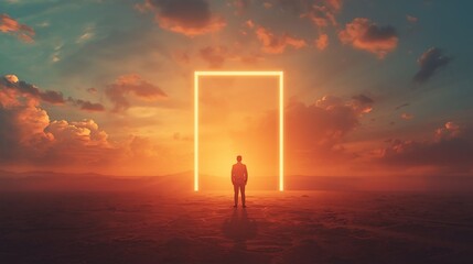 Digital artwork. Man facing glowing orange portal in wide landscape with clouds. Concept of branding identity, AI-driven creativity, strategic decision-making, educational themes, future design visual