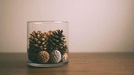 a glass vase with pine branches, cinnamon sticks, and pine cones on the table for christmas decorations