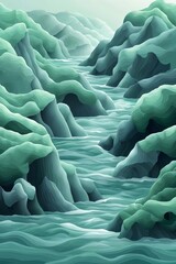 Obraz premium An abstract landscape depicting flowing river valleys surrounded by layered, wave-like mountains in calming shades of teal and green, conveying tranquility and depth.