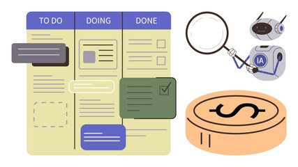 Task board with To Do, Doing, and Done sections, AI robot holding magnifying glass, and a coin stack. Ideal for project management, AI, productivity, finances analysis planning simple flat © robu_s