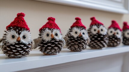 a row of adorable pine cone owls with tiny red hats 