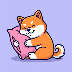 Fototapeta premium Cartoon Shiba Inu Hugging Pink Pillow