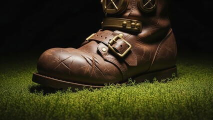 Close up of a rugged brown leather boot on green grass.