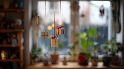 small gift boxes hanging from the ceiling in front of the living room window