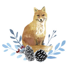 Watercolor Fox with Winter Botanicals and Pine Cones