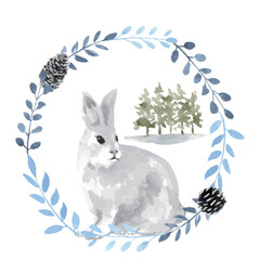 Watercolor rabbit  with Winter Botanicals wreath